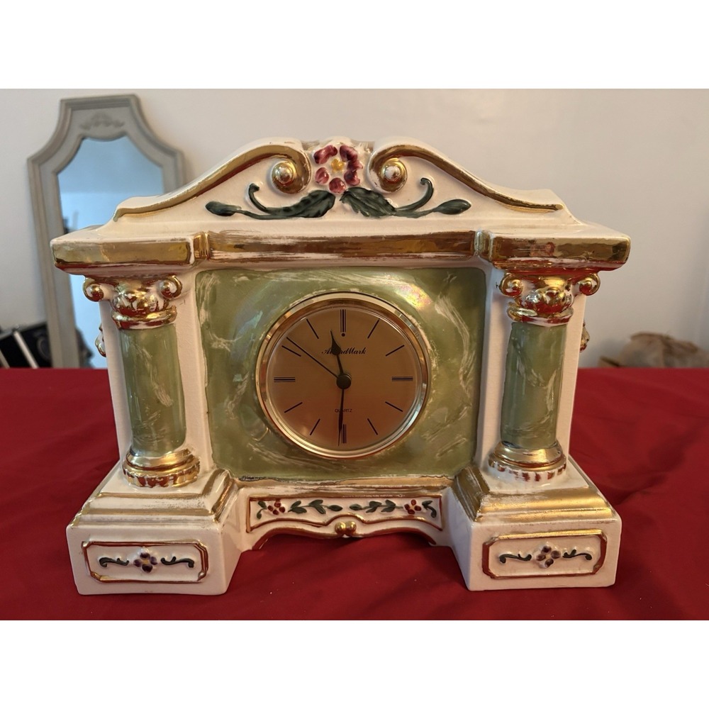 VTG AwardMark Ceramic Mantel Desk Clock Green Marble Look Lions Tested 10"